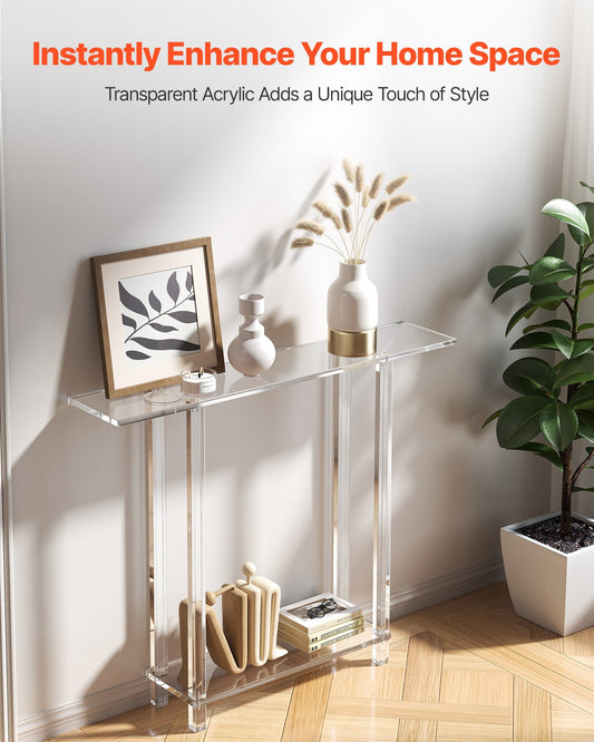 Acrylic Console Table, 2 Tiers Narrow Side Desk with Bottom Open Storage, Modern Rectangle Acrylic End Table, Transparent Entry Desk for Foyer, Hallway, Living Room, 19.3 x 100 x 80 cm (Clear)
