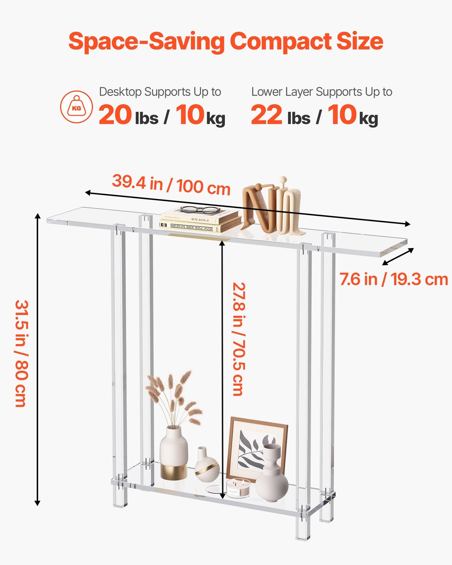 Acrylic Console Table, 2 Tiers Narrow Side Desk with Bottom Open Storage, Modern Rectangle Acrylic End Table, Transparent Entry Desk for Foyer, Hallway, Living Room, 19.3 x 100 x 80 cm (Clear)