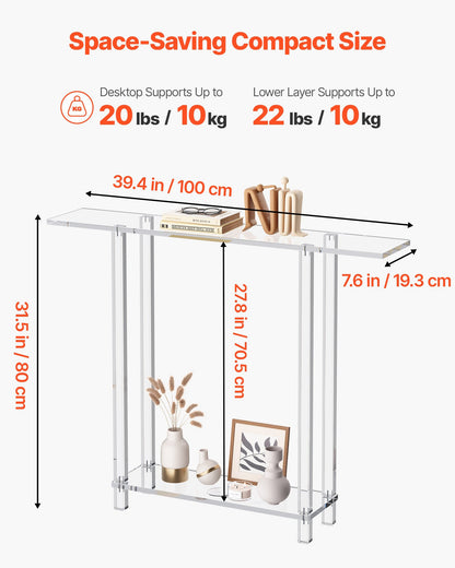 Acrylic Console Table, 2 Tiers Narrow Side Desk with Bottom Open Storage, Modern Rectangle Acrylic End Table, Transparent Entry Desk for Foyer, Hallway, Living Room, 19.3 x 100 x 80 cm (Clear)