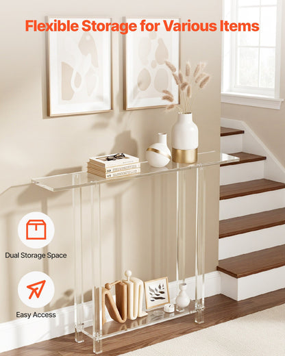 Acrylic Console Table, 2 Tiers Narrow Side Desk with Bottom Open Storage, Modern Rectangle Acrylic End Table, Transparent Entry Desk for Foyer, Hallway, Living Room, 19.3 x 100 x 80 cm (Clear)