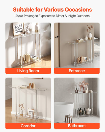 Acrylic Console Table, 2 Tiers Narrow Side Desk with Bottom Open Storage, Modern Rectangle Acrylic End Table, Transparent Entry Desk for Foyer, Hallway, Living Room, 19.3 x 100 x 80 cm (Clear)