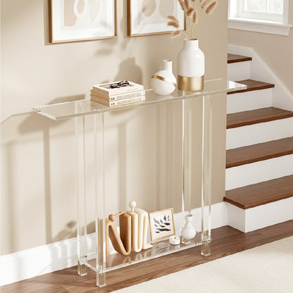 Acrylic Console Table, 2 Tiers Narrow Side Desk with Bottom Open Storage, Modern Rectangle Acrylic End Table, Transparent Entry Desk for Foyer, Hallway, Living Room, 19.3 x 100 x 80 cm (Clear)