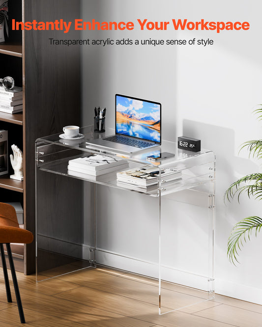 Acrylic Table, 2 Tiers Clear End Table with Storage Shelf, Modern Rectangle Acrylic Side Desk, Transparent Thick Desk Nightstand for Bedroom, Office, Living Room, 40 x 85 x 75 cm (Clear)