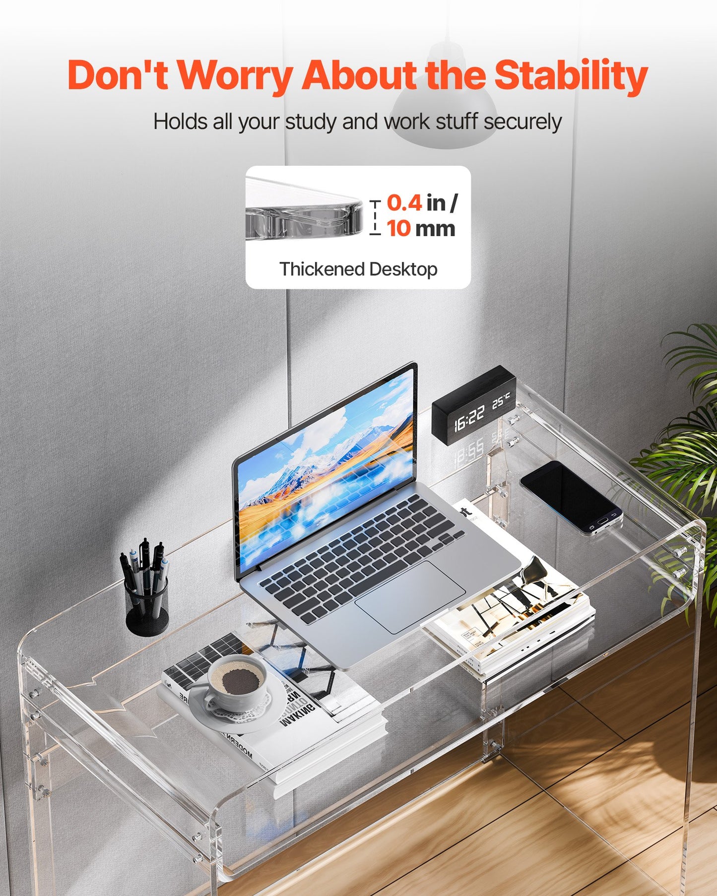 Acrylic Table, 2 Tiers Clear End Table with Storage Shelf, Modern Rectangle Acrylic Side Desk, Transparent Thick Desk Nightstand for Bedroom, Office, Living Room, 40 x 85 x 75 cm (Clear)