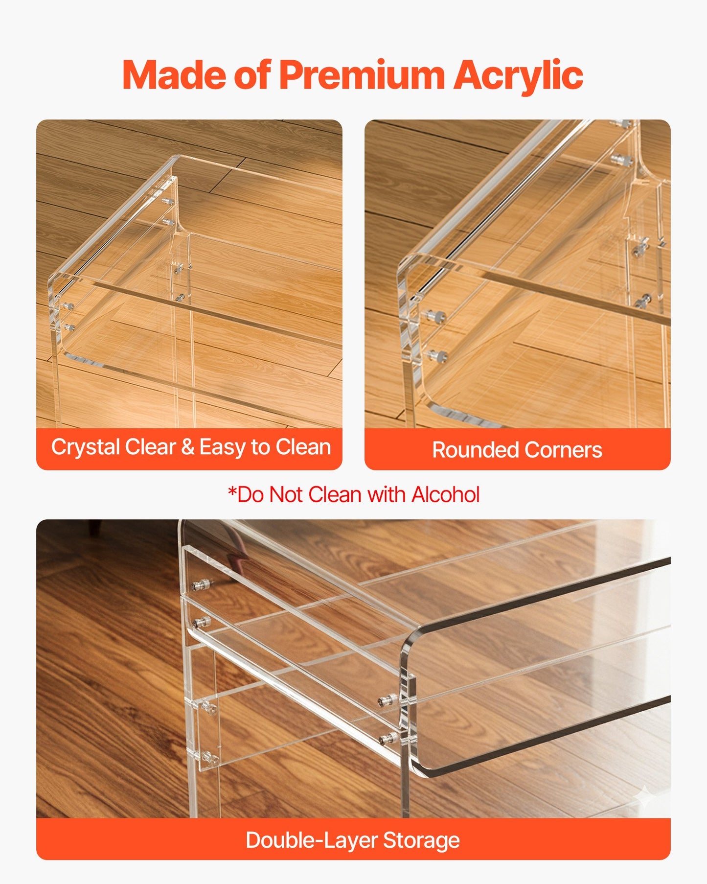 Acrylic Table, 2 Tiers Clear End Table with Storage Shelf, Modern Rectangle Acrylic Side Desk, Transparent Thick Desk Nightstand for Bedroom, Office, Living Room, 40 x 85 x 75 cm (Clear)