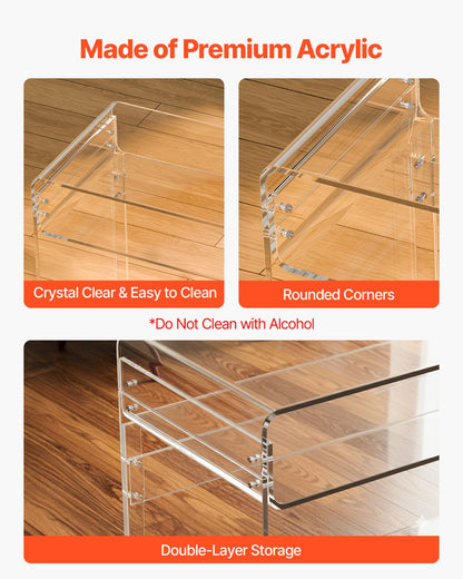 Acrylic Table, 2 Tiers Clear End Table with Storage Shelf, Modern Rectangle Acrylic Side Desk, Transparent Thick Desk Nightstand for Bedroom, Office, Living Room, 40 x 85 x 75 cm (Clear)