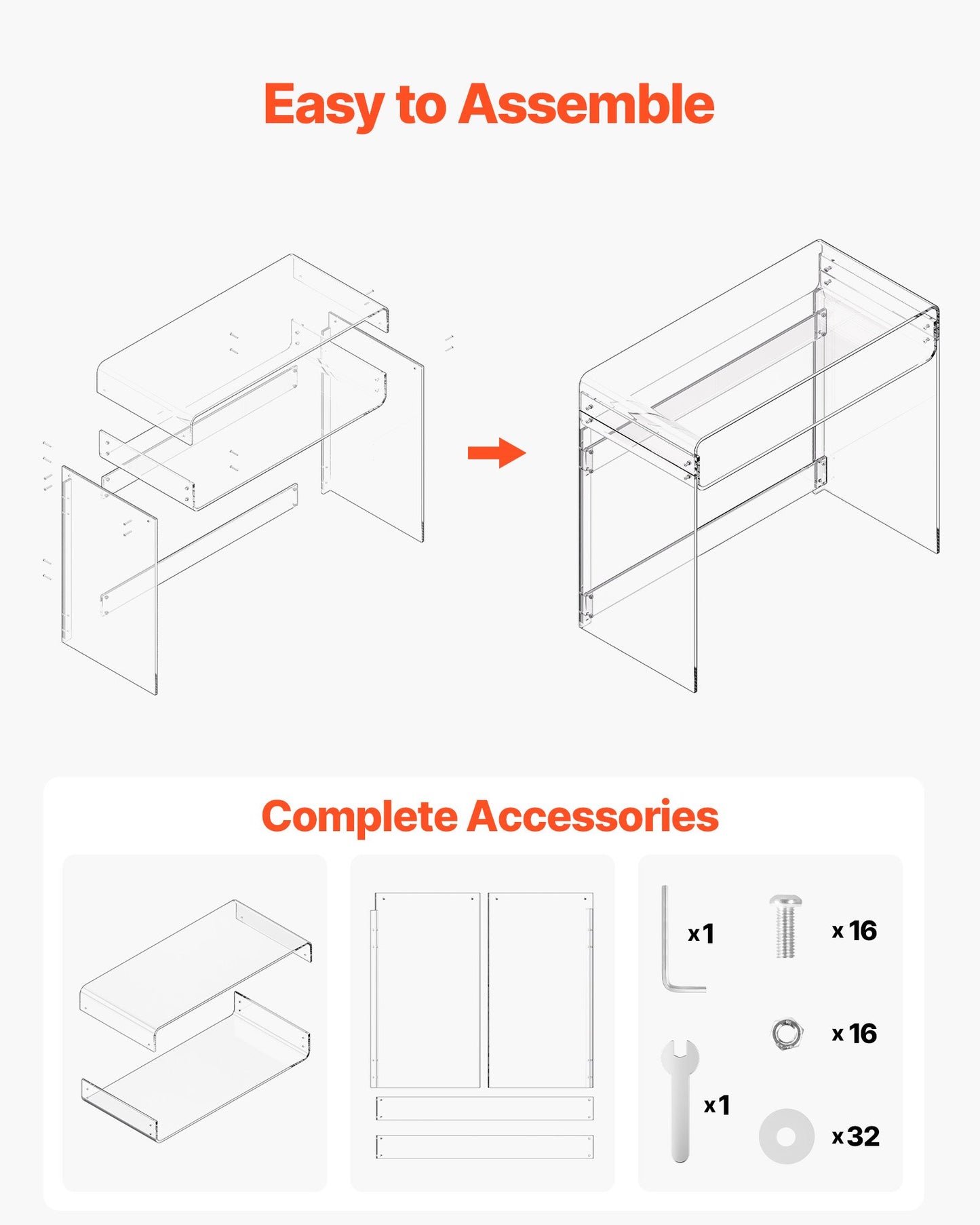 Acrylic Table, 2 Tiers Clear End Table with Storage Shelf, Modern Rectangle Acrylic Side Desk, Transparent Thick Desk Nightstand for Bedroom, Office, Living Room, 40 x 85 x 75 cm (Clear)