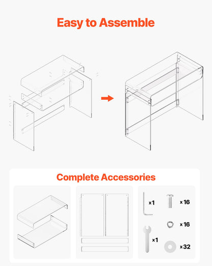Acrylic Table, 2 Tiers Clear End Table with Storage Shelf, Modern Rectangle Acrylic Side Desk, Transparent Thick Desk Nightstand for Bedroom, Office, Living Room, 40 x 85 x 75 cm (Clear)