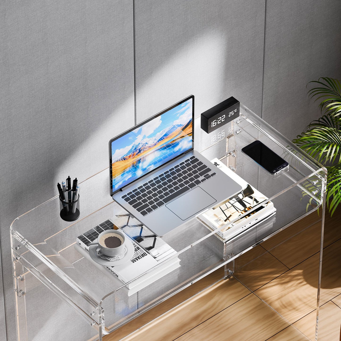 Acrylic Table, 2 Tiers Clear End Table with Storage Shelf, Modern Rectangle Acrylic Side Desk, Transparent Thick Desk Nightstand for Bedroom, Office, Living Room, 40 x 85 x 75 cm (Clear)