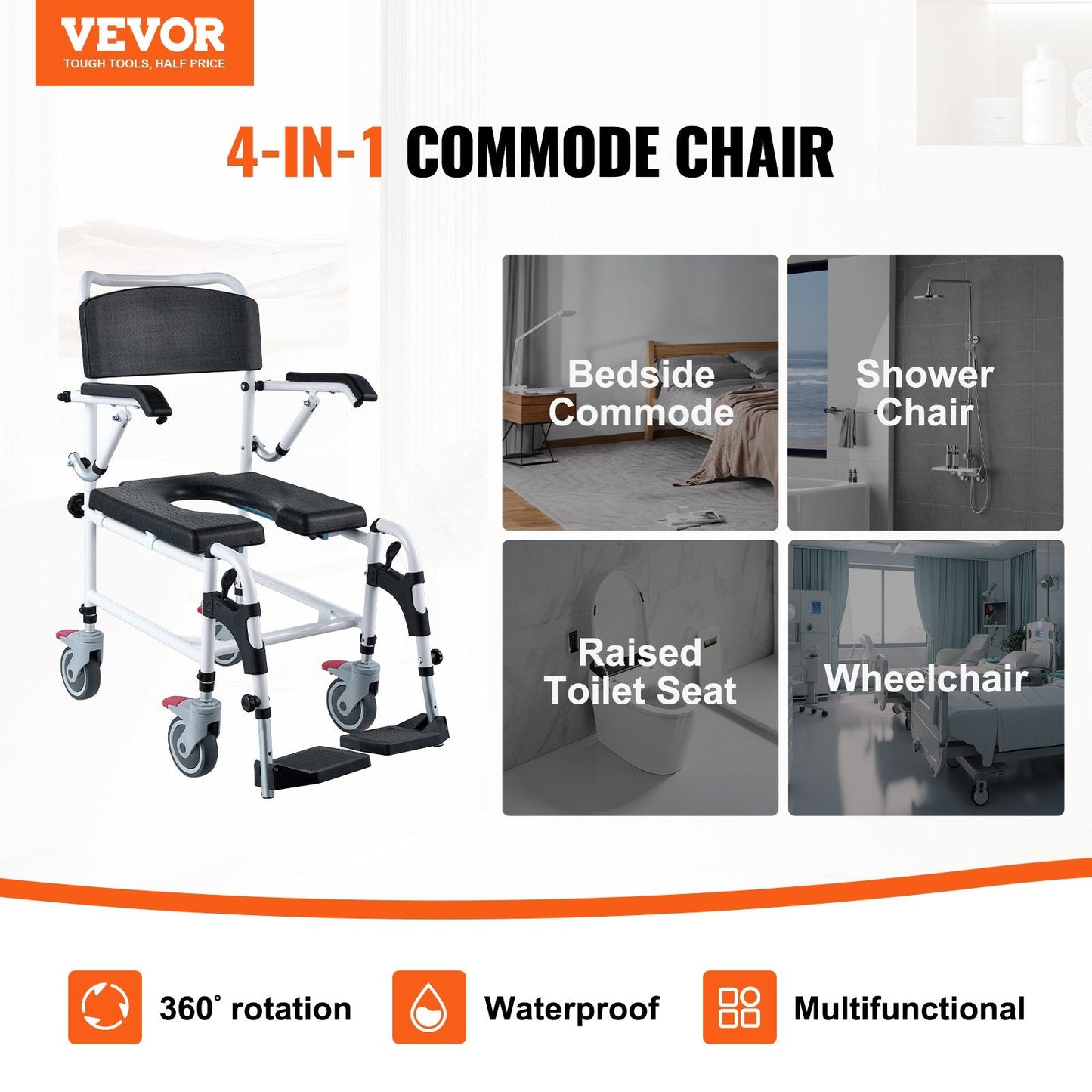 Adjustable Shower Commode Wheelchair with Lockable Wheels and Removable Bucket