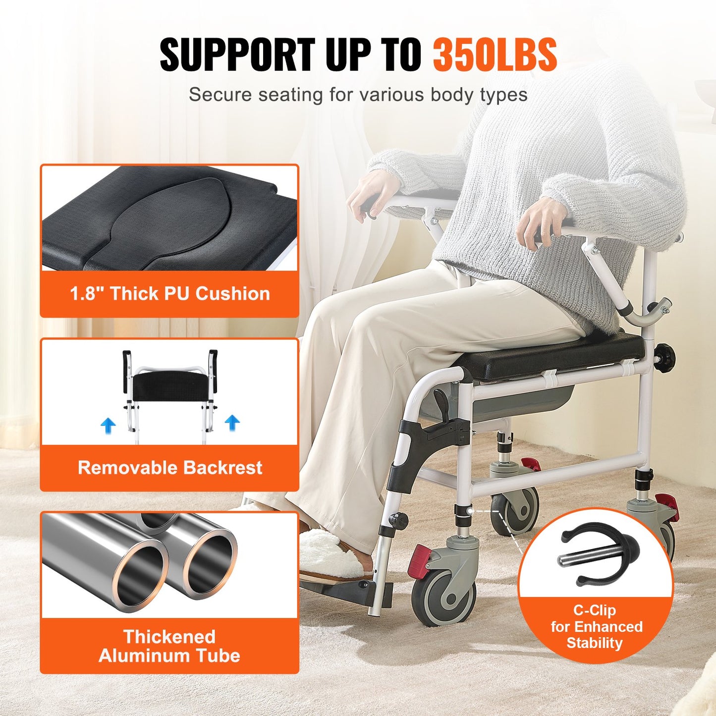 VEVOR Shower Commode Wheelchair with 4 Lockable Wheels, Footrests, Flip-up Arms,