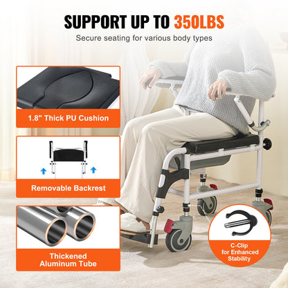 VEVOR Shower Commode Wheelchair with 4 Lockable Wheels, Footrests, Flip-up Arms,