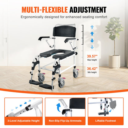 VEVOR Shower Commode Wheelchair with 4 Lockable Wheels, Footrests, Flip-up Arms,