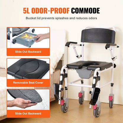 VEVOR Shower Commode Wheelchair with 4 Lockable Wheels, Footrests, Flip-up Arms,