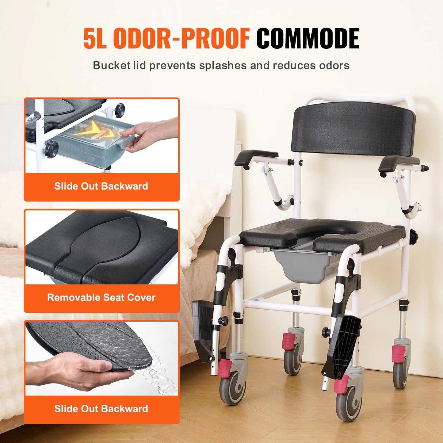 Adjustable Shower Commode Wheelchair with Lockable Wheels and Removable Bucket