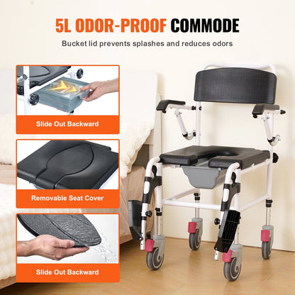 Adjustable Shower Commode Wheelchair with Lockable Wheels and Removable Bucket