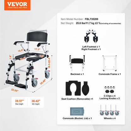 Adjustable Shower Commode Wheelchair with Lockable Wheels and Removable Bucket
