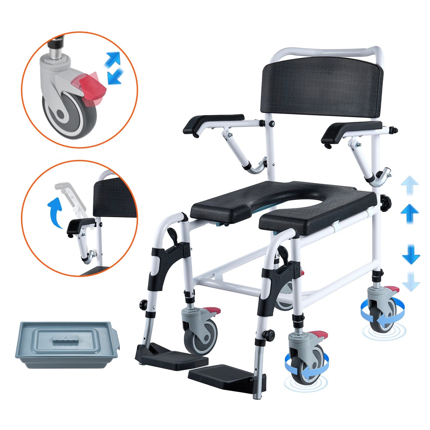 VEVOR Shower Commode Wheelchair with 4 Lockable Wheels, Footrests, Flip-up Arms,