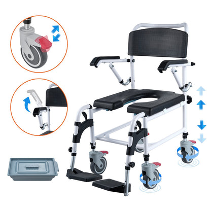 Adjustable Shower Commode Wheelchair with Lockable Wheels and Removable Bucket