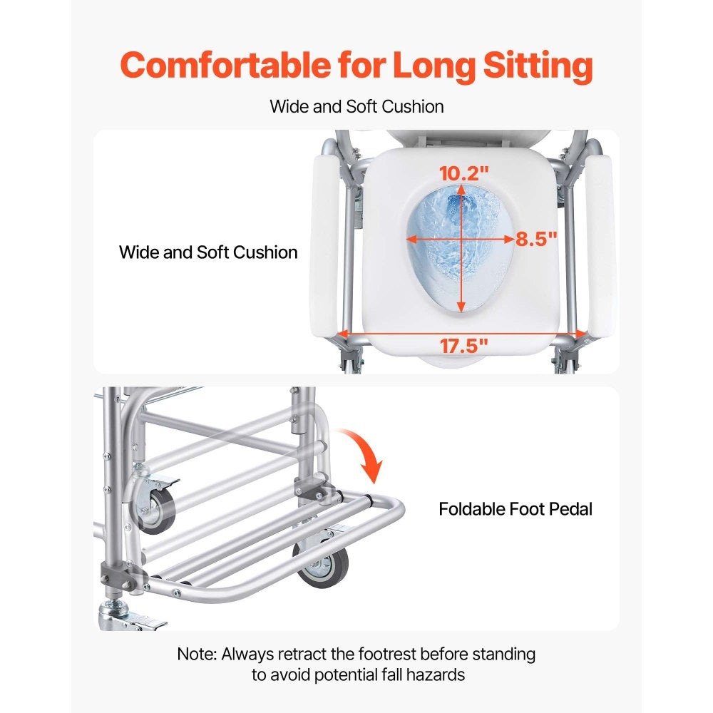 Bedside Commode Chair with Four Wheels 4-in-1 Raised Toilet Seat 159 kg