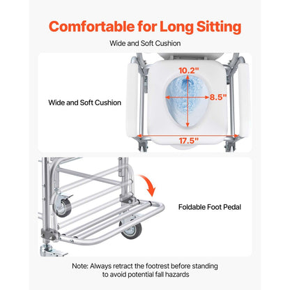 Bedside Commode Chair with Four Wheels 4-in-1 Raised Toilet Seat 159 kg