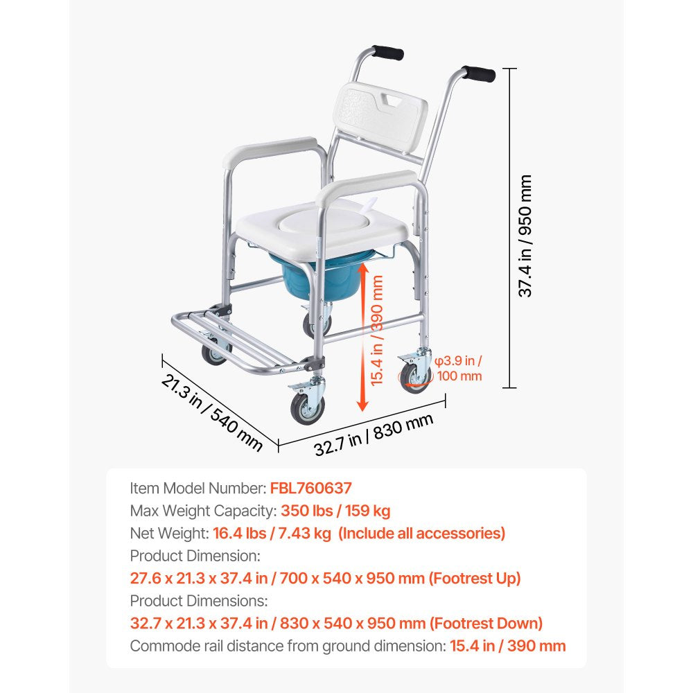 Bedside Commode Chair with Four Wheels 4-in-1 Raised Toilet Seat 159 kg