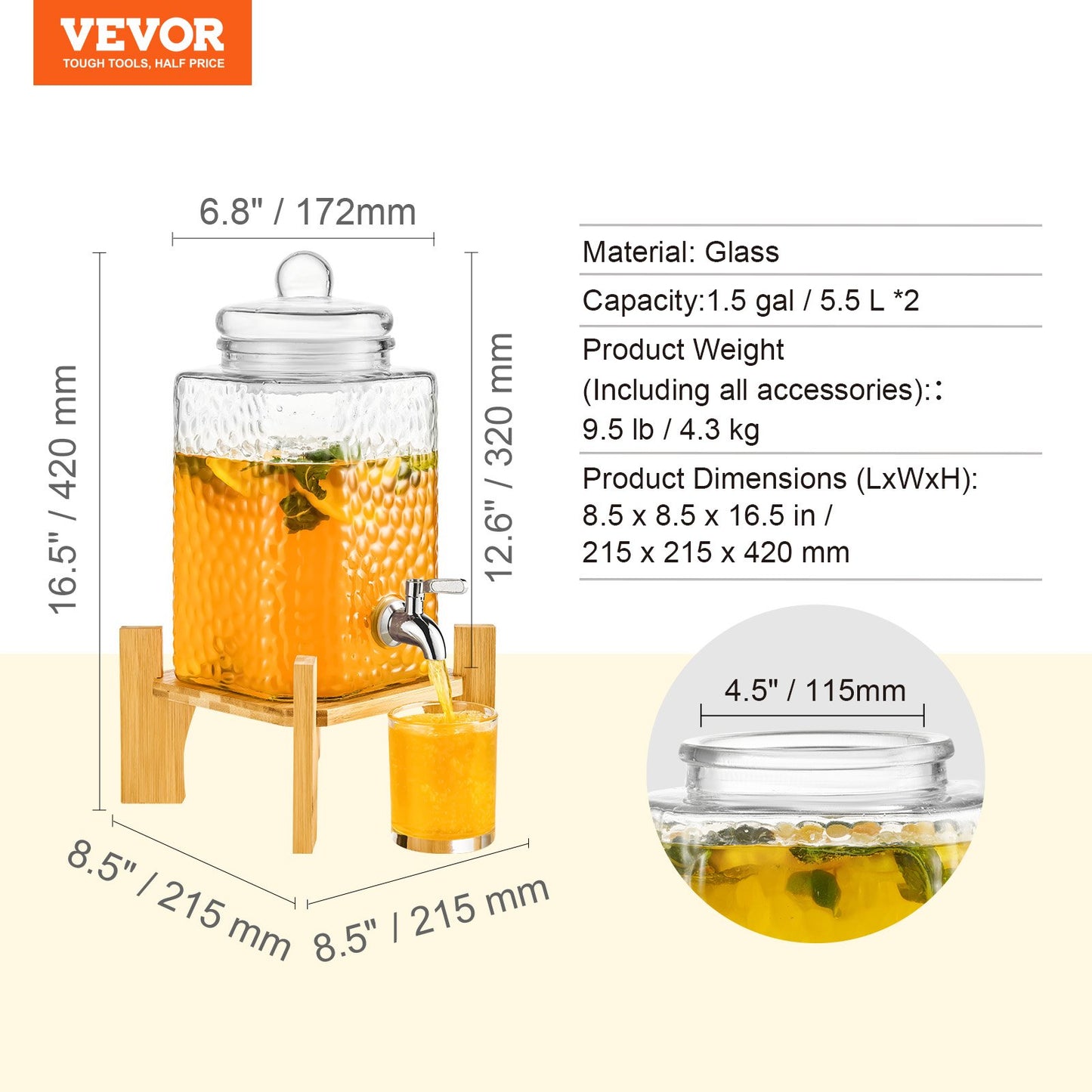 VEVOR Beverage Dispenser, 1.5 Gallon Drink Dispensers for Parties, Glass Juice Dispenser