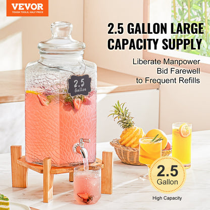 VEVOR Beverage Dispenser, 2.5 Gallon Drink Dispensers for Parties, Glass Juice Dispenser