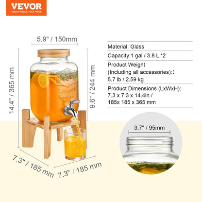 Glass Beverage Dispenser with Stand, 3.8L Capacity, Stainless Steel Spigot