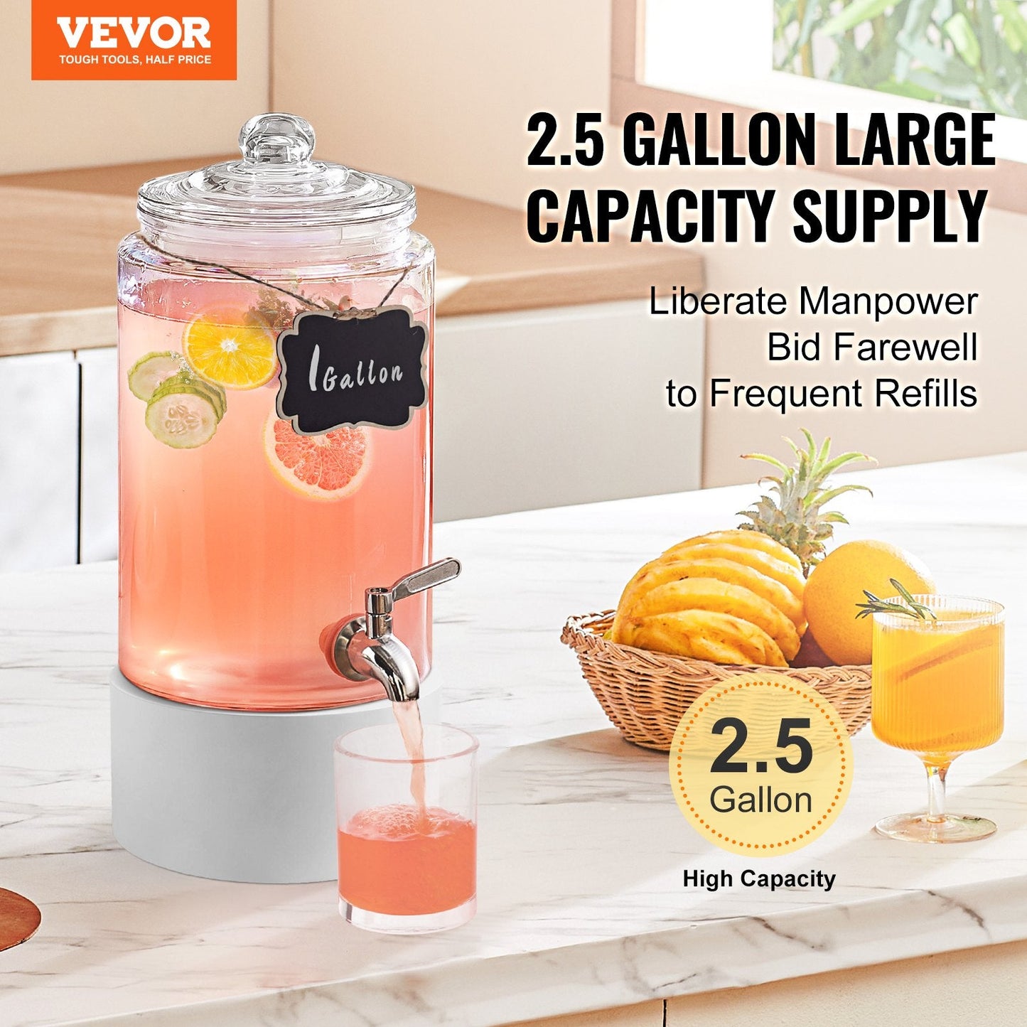 1 Gallon Glass Beverage Dispenser with Stainless Steel Spigot for Events