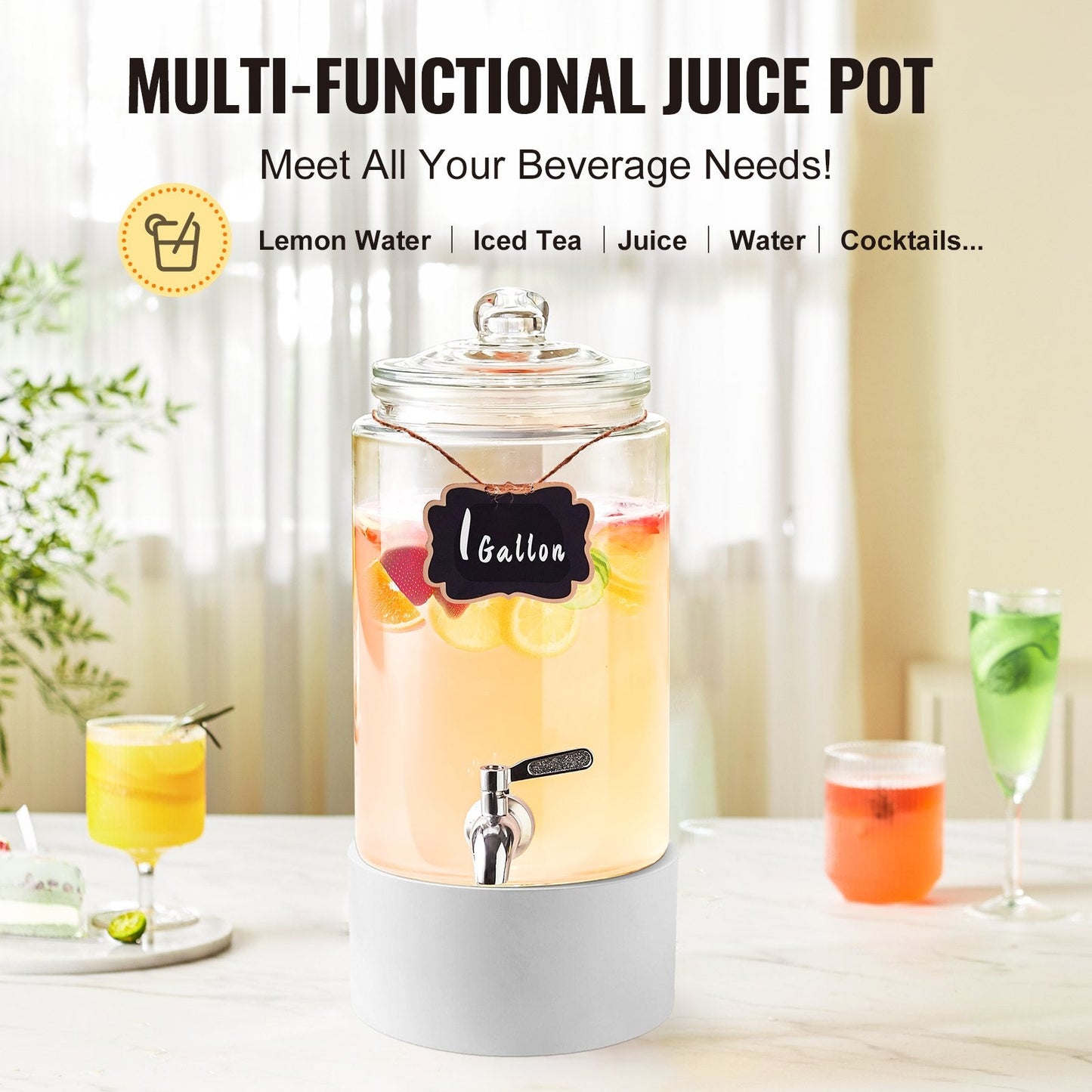 1 Gallon Glass Beverage Dispenser with Stainless Steel Spigot for Events