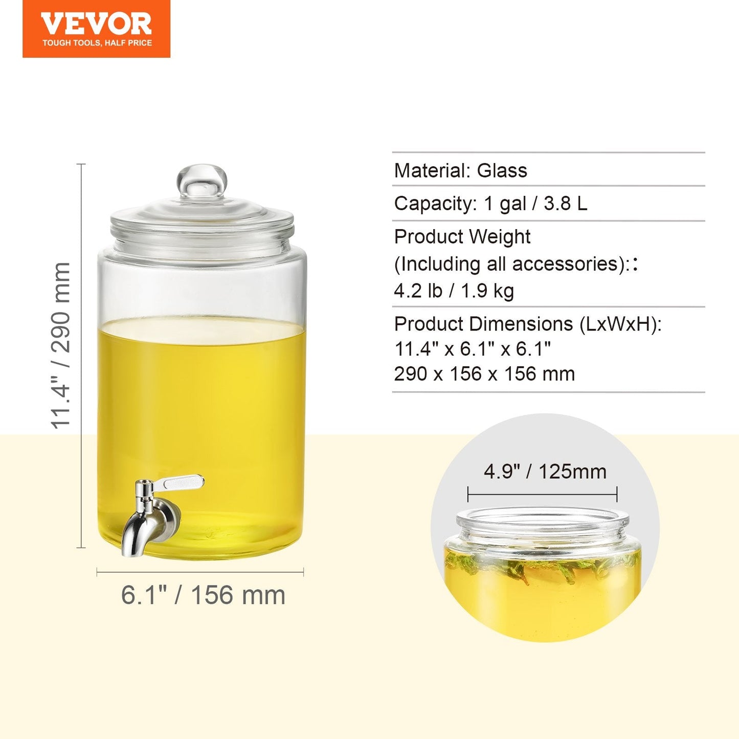 1 Gallon Glass Beverage Dispenser with Stainless Steel Spigot for Events