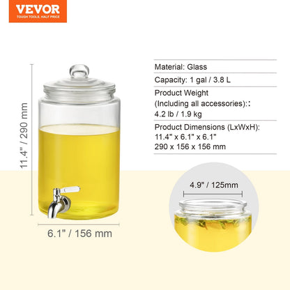 1 Gallon Glass Beverage Dispenser with Stainless Steel Spigot for Events