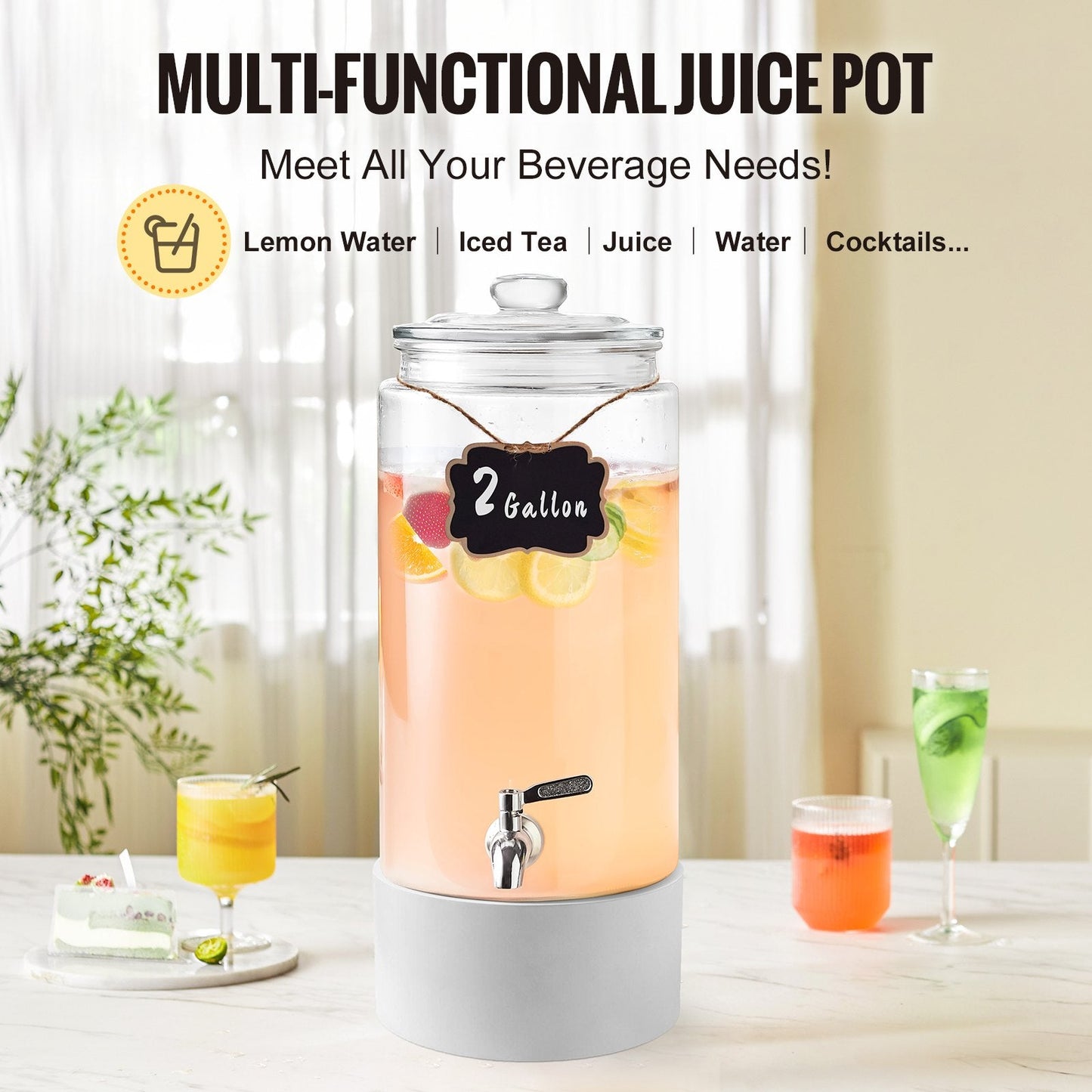 2 Gallon Glass Beverage Dispenser with Stainless Steel Spigot for Events