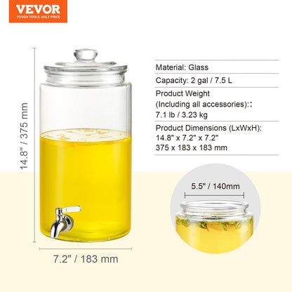 VEVOR Beverage Dispenser, 2 Gallon Drink Dispensers for Parties, Glass Juice Dispenser