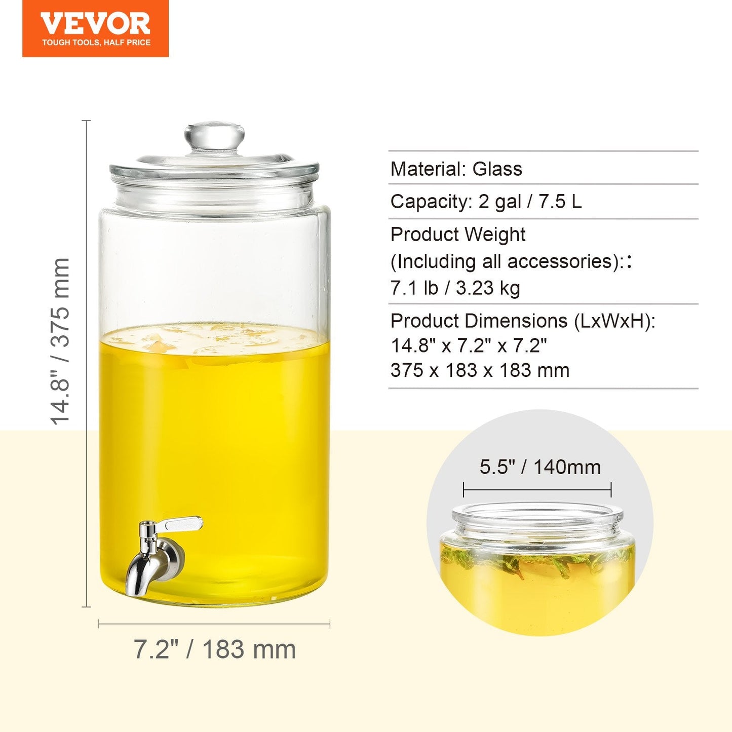 2 Gallon Glass Beverage Dispenser with Stainless Steel Spigot for Events