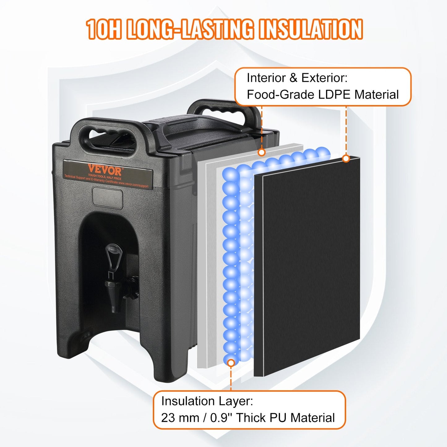 Insulated 9.5L Hot & Cold Beverage Dispenser with 23mm PU Layer, Food-Grade LDPE