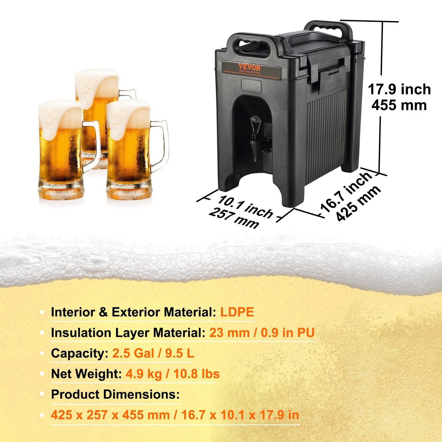 Insulated 9.5L Hot & Cold Beverage Dispenser with 23mm PU Layer, Food-Grade LDPE