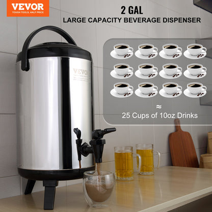 VEVOR Stainless Steel Insulated Beverage Dispenser, 7.6 Liter, Thermal Hot and Cold