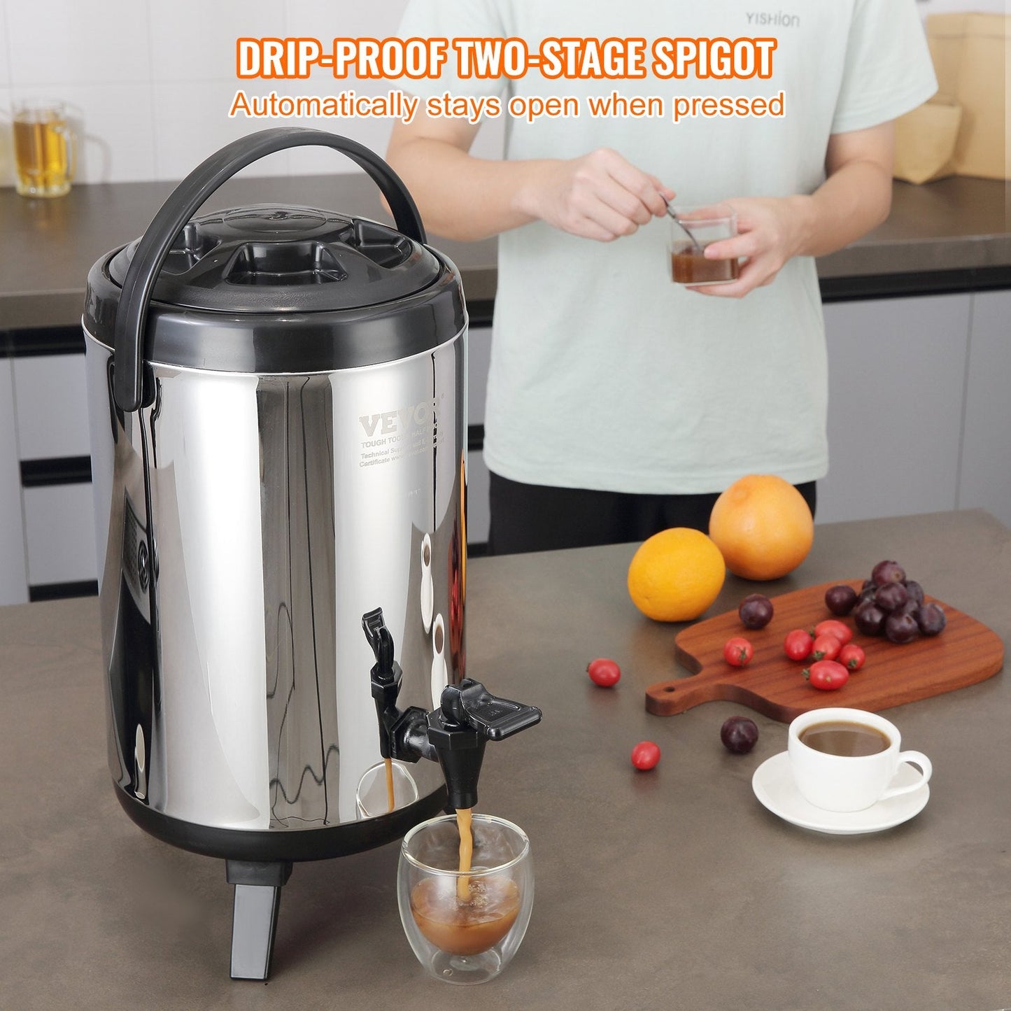 Stainless Steel 7.6L Thermal Beverage Dispenser with Spigot for Hot/Cold Drinks