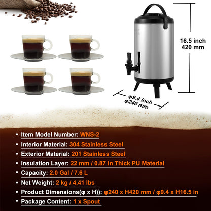 VEVOR Stainless Steel Insulated Beverage Dispenser, 7.6 Liter, Thermal Hot and Cold