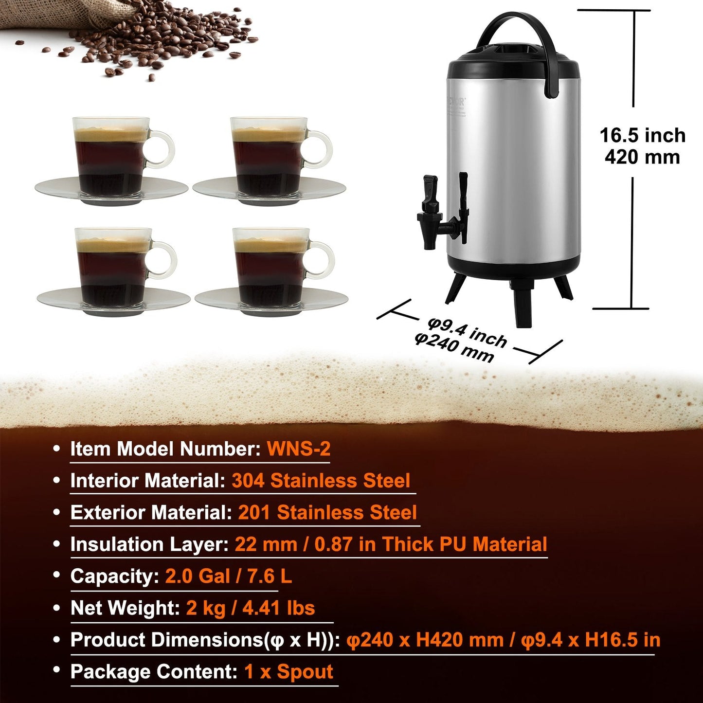 Stainless Steel 7.6L Thermal Beverage Dispenser with Spigot for Hot/Cold Drinks