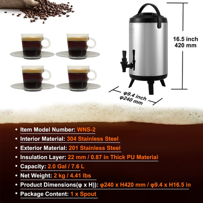 Stainless Steel 7.6L Thermal Beverage Dispenser with Spigot for Hot/Cold Drinks