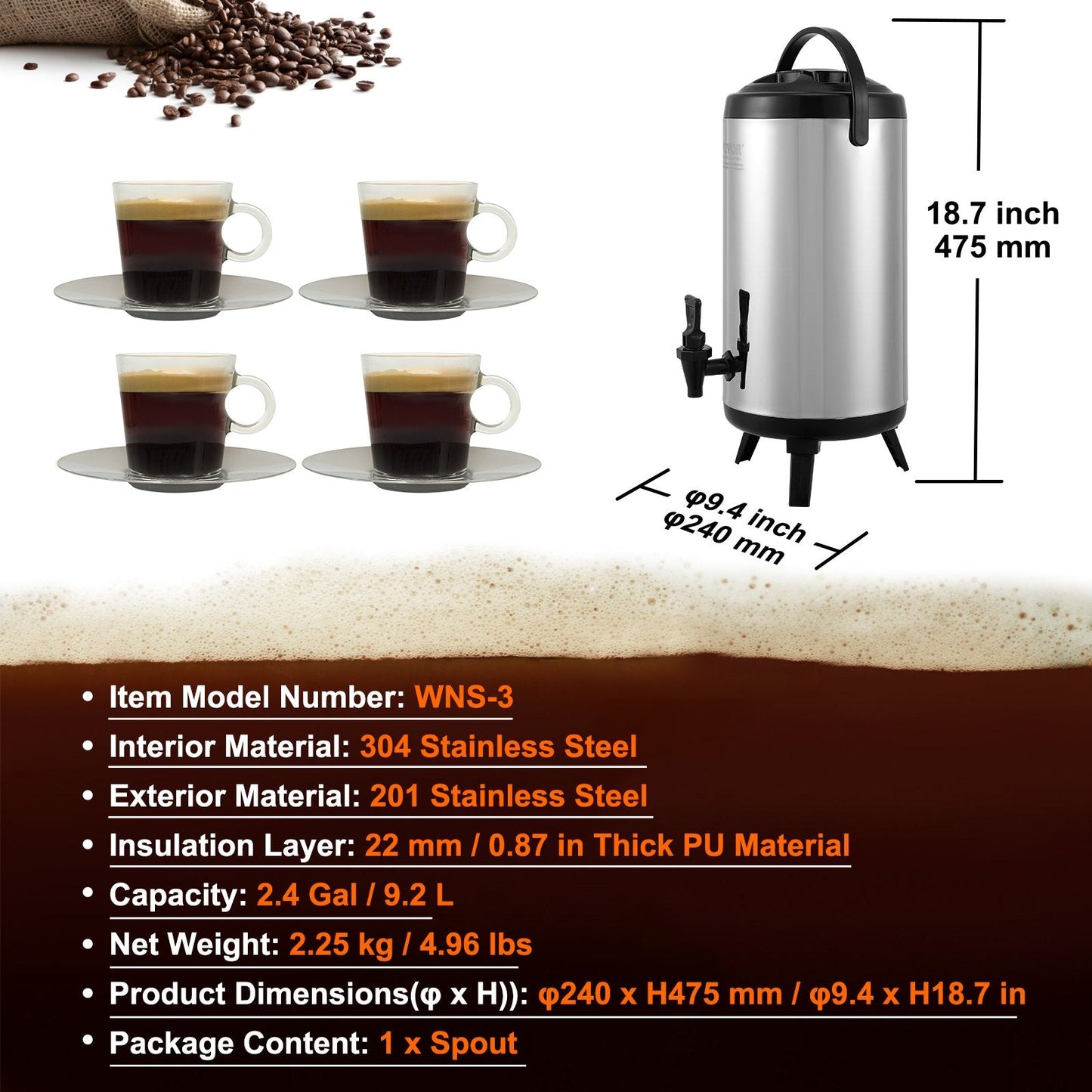 Stainless Steel 9.2L Insulated Beverage Dispenser for Hot & Cold Drinks