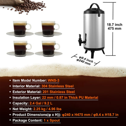 Stainless Steel 9.2L Insulated Beverage Dispenser for Hot & Cold Drinks