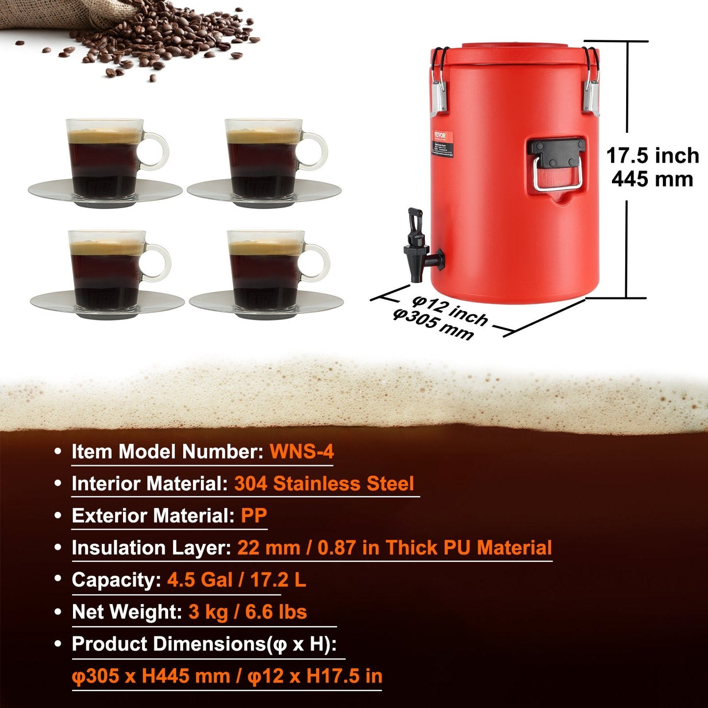 Stainless Steel 17.2L Thermal Beverage Dispenser with Spigot for Hot & Cold Drinks