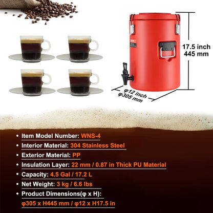 Stainless Steel 17.2L Thermal Beverage Dispenser with Spigot for Hot & Cold Drinks