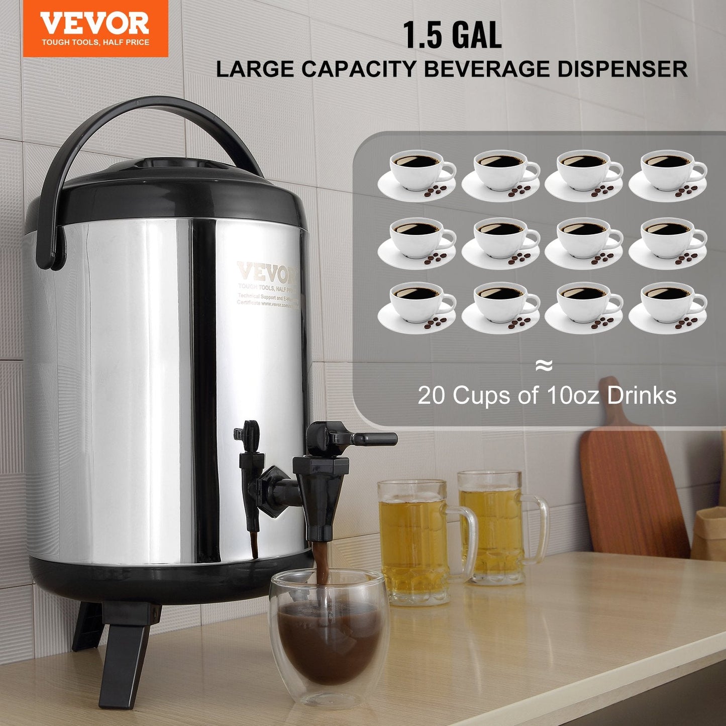 Stainless Steel 6L Thermal Beverage Dispenser with Spigot for Hot & Cold Drinks