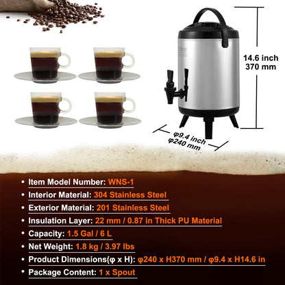VEVOR Stainless Steel Insulated Beverage Dispenser, 6 Liter, Thermal Hot and Cold