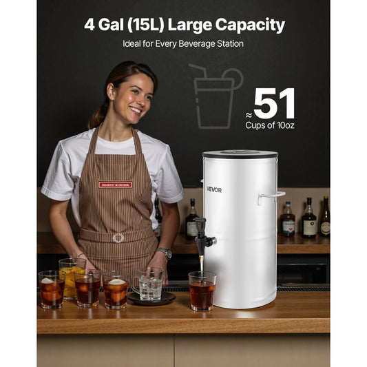 VEVOR Ice Tea Dispenser 4 Gal/15L for Iced Tea Juice Coffee 304 Stainless Steel